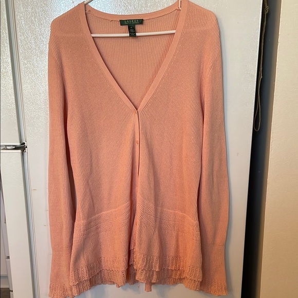 Lauren Ralph Lauren Cardigan Womens Sweater V-Neck Peplum Bell Sleeve Peach XL - Picture 1 of 7